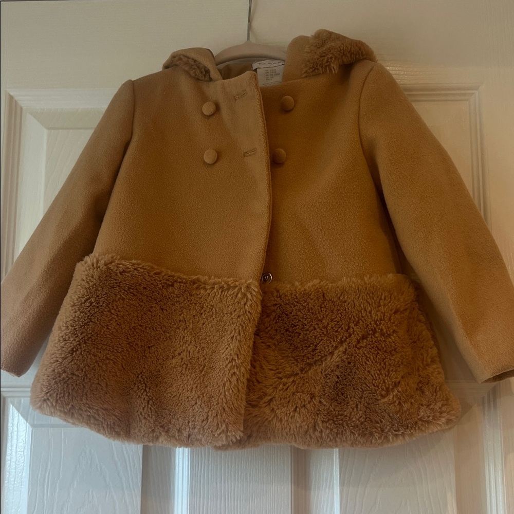 Tahari Tan Kids Pea Coat with Faux Fur
